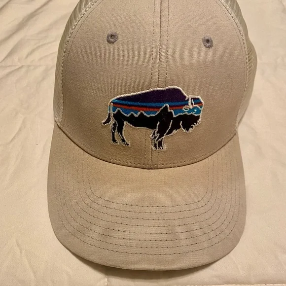 PATAGONIA Mesh Snapback Trucker Hat Bison Logo Light Gray Cap OSFM GORPCORE - Picture 1 of 5